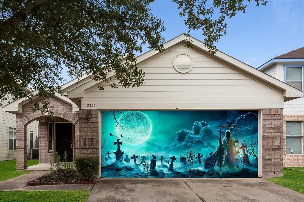 Garage Door Decorations - 7x16 Ft Happy Halloween garage door banner Holiday Banner Garage Door Cover Mural Outdoor Door Cover Decoration Indoor and Outdoor Independence Day Decorations