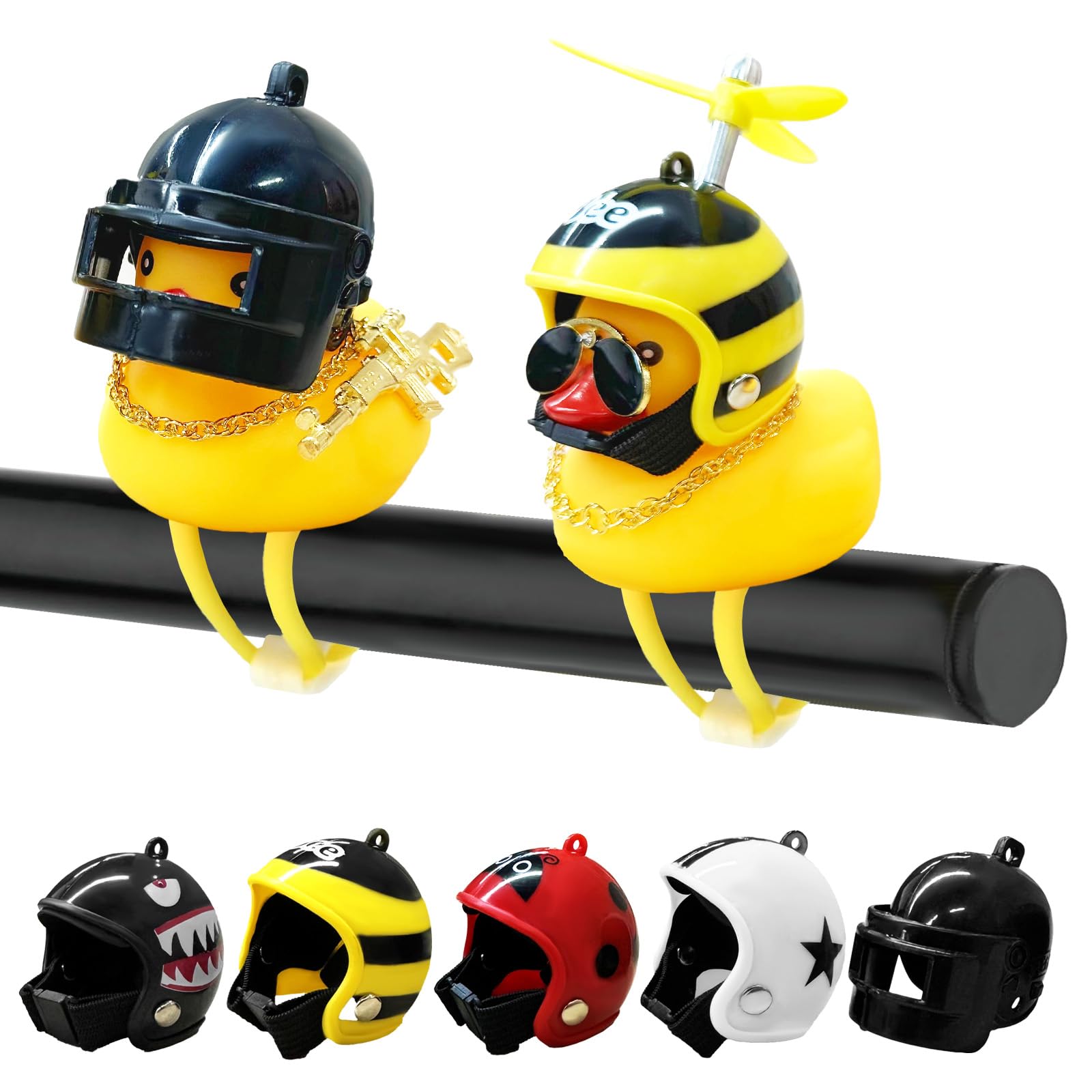Rubber Duck Bike Bell Set, 2 LED Light Duck + 5 Helmet Accessories, Bike Handlebar Decoration Small Yellow Duck Ornament for Bike Motorcycle Car Decor