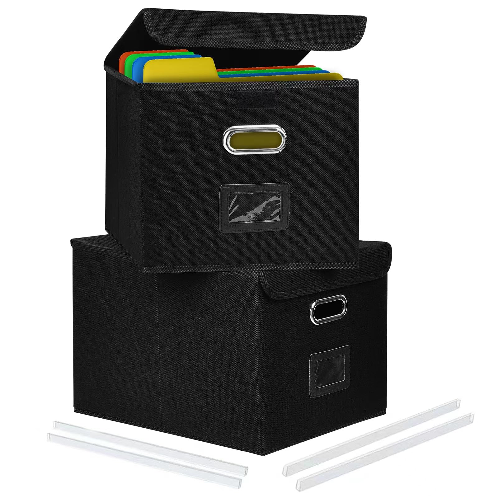 Okydoky Portable File Organizer Box with Lids, Collapsible Linen Hanging Filing Storage Boxes with Plastic Slide, Decorative Home/Office Filling System for File and Folders Storage (BK,2p,L)