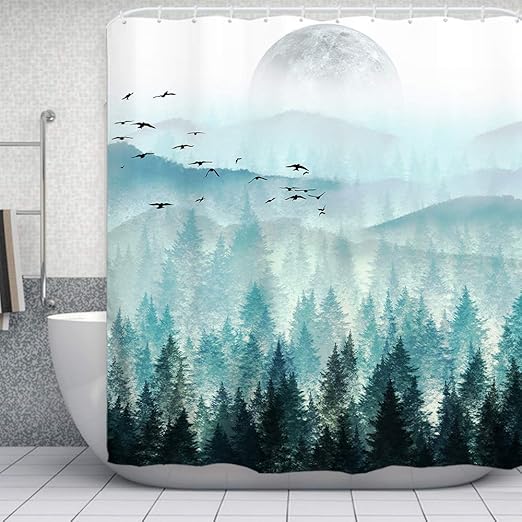 Amazon Com Ortigia Misty Forest Shower Curtain Mountain Moon Bath Curtains Foggy Trees Bathroom Decor For Women And Baby Pine Tree And Black Birds Fabric Windows Curtain Polyester Waterproof 72x72 Inch Home