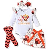 fioukiay My First Thanksgiving Baby Girls Outfit Turkey Romper Short Skirt with Headband Infant Newborn Clothes Set