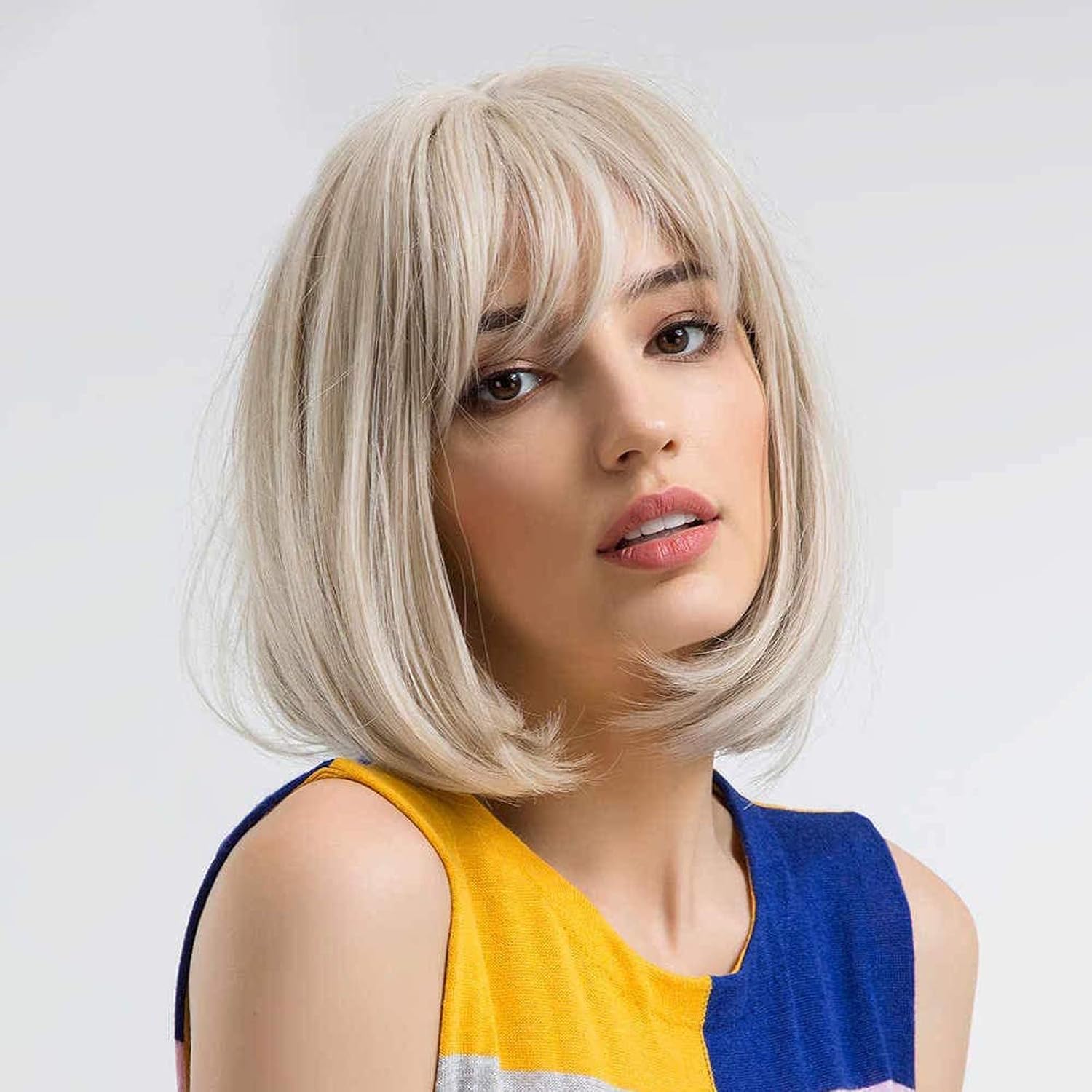 Creamily Short Bob Blonde Wig with Bangs, Colorful Wig for Halloween Daily Cosplay & Party Use
