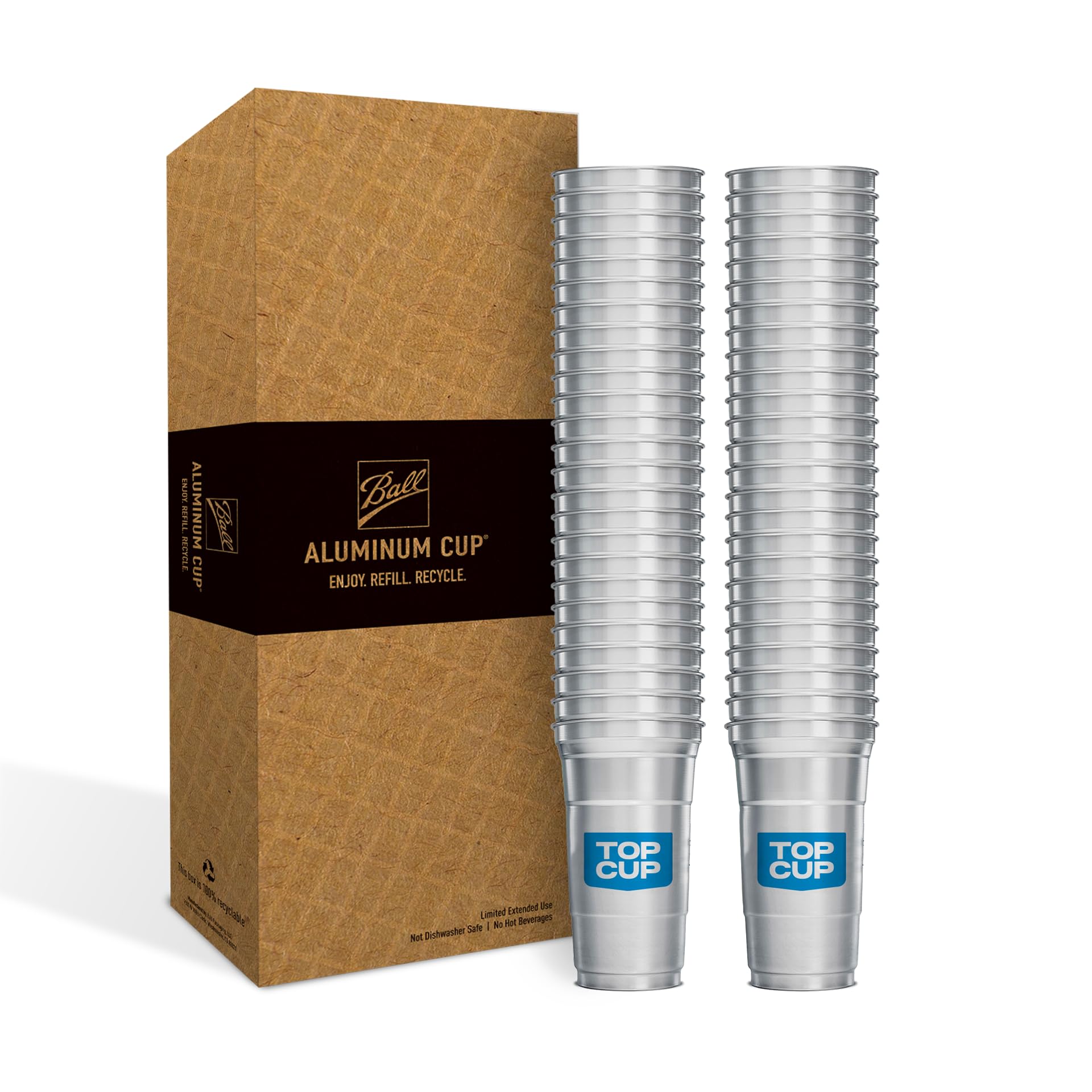 Top Cup Aluminum Cups, 12 oz Reusable Party Cups, Cold-Holding, Recyclable, 12 oz Cup, 50 Cups Per Pack, Made in USA