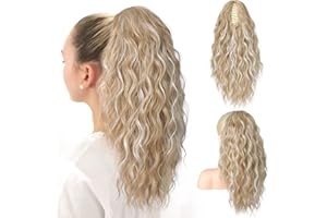 SEIKEA 18" Ponytail Extension Claw, PT002 Tia Long Multi Layered Hair FluffyThick Wavy Curly Clip in Hair Extensions Ponytail Natural Soft Synthetic Hairpiece Dark Blonde with White Blonde Highlights