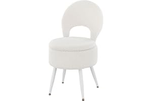 ZYKZYK Vanity Stool with Storage and Backrest, Folding Back & Velvet Seat, Footrest, Round Ottoman with Sherpa, Vanity Chair with Storage, Ideal for Bedroom, Living Room, and Makeup Stations