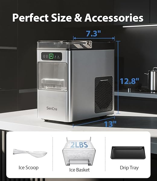 SENCRE NUGGET ICE MAKER 40LBS/DAY, COUNTERTOP ICE MAKER SOFT CHEWABLE ICE, ICE MAKERS ONE-CLICK & SELF-CLEANING, CRUSHED PELLET ICE MACHINE WITH SCOOP&BASKET FOR HOME/KITCHEN/OFFICE, STAINLESS SILVER