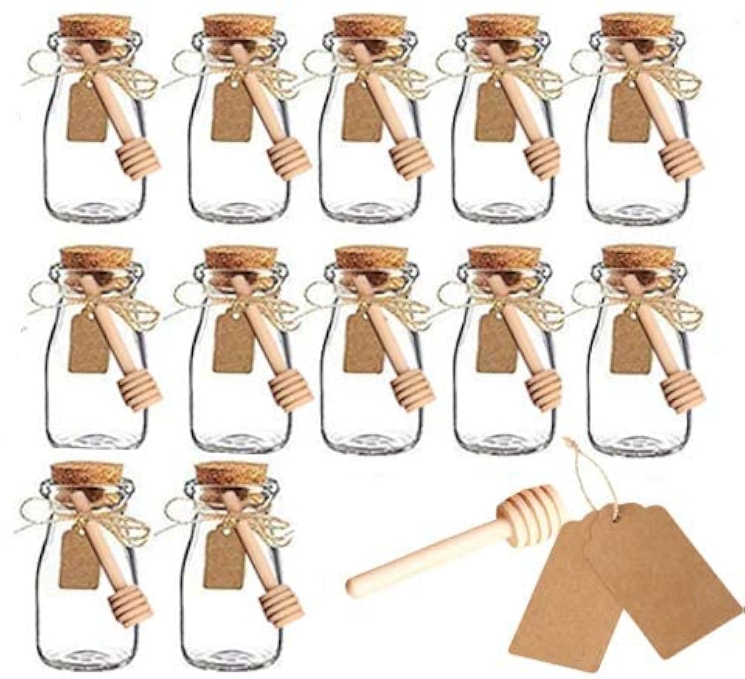 Amajoy 12 Pack Glass Favor Jar With Cork Lids Milk Glass Bottle Decorative Jars DIY Jar with Honey Dipper,Escort Card and Twine Wedding Favor Party Favor Honey Pot（3.4OZ,100ML）
