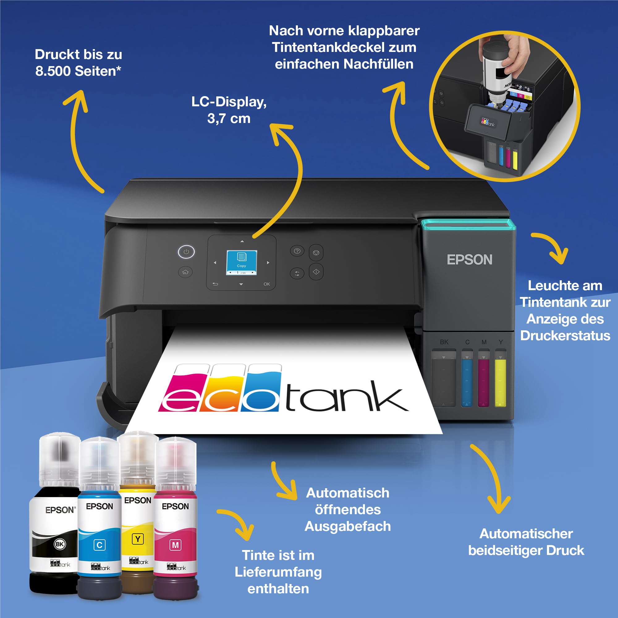 Epson EcoTank ET-2955 Tintentankdrucker | für vielbeschäftigte Haushalte | WLAN | A4 | Drucken, Kopieren, Scannen | 3.7 cm LCD-Display | Duplexdruck | inkl. Tinte für bis zu 3 Jahre 2