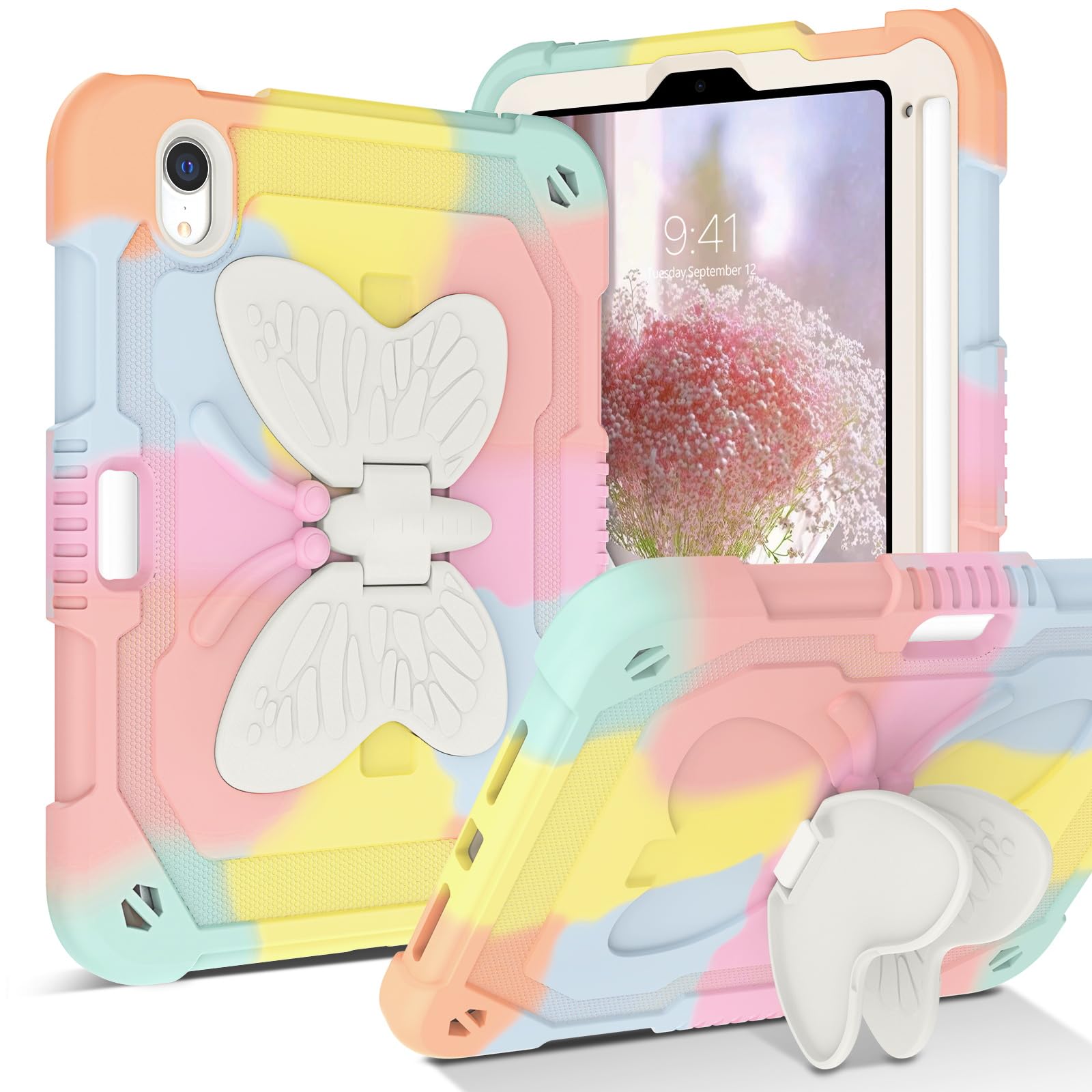 YINLAI Case for iPad Mini 7（A17 Pro）2024/iPad Mini 6 Gen 2021 Camo Two Layer Bumper Shockproof Butterfly Stand Protective Full Body Kid Cover Case for iPad Mini 7th/6th 8.3 Inch, Colorful Rose Gold