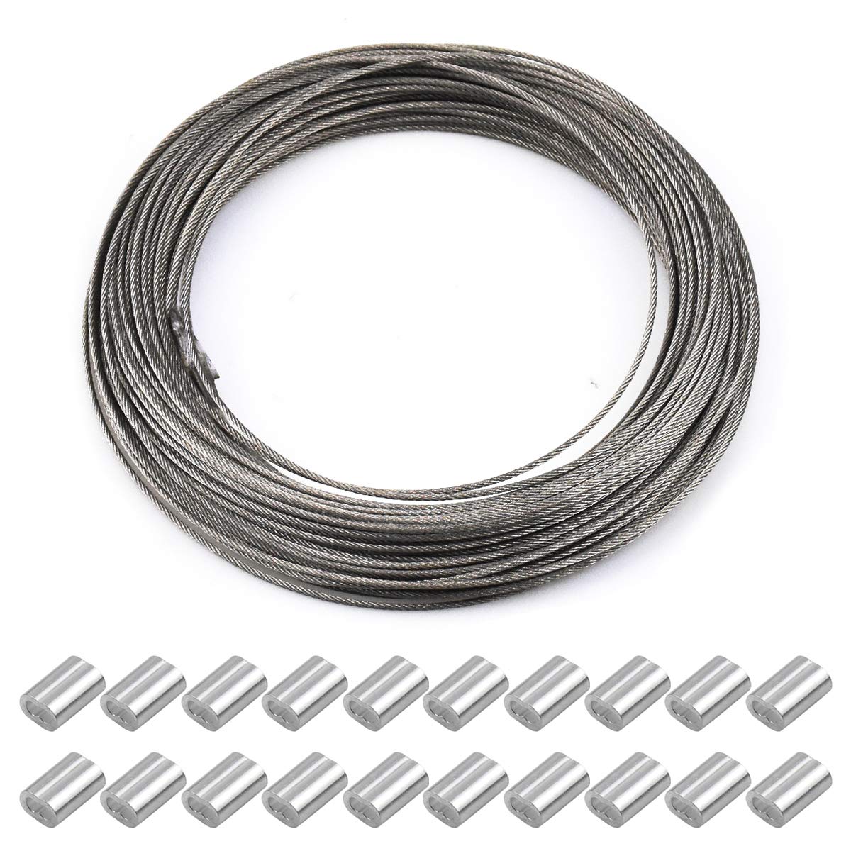 Stainless Steel Picture Frame Hanging Wire - 1.5 mm x 30 m Heavy Duty Garden Craft Wire with 20 Aluminum Crimping Sleeves