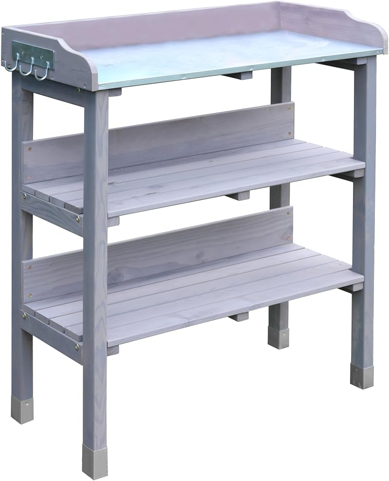 Garden Gear 3-Tier Wooden Potting Table with Steel Worktop 92cm