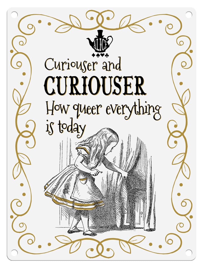 Small (15 x 20 cm) Metal Sign - Alice in Wonderland (white) - Curiouser and Curiouser