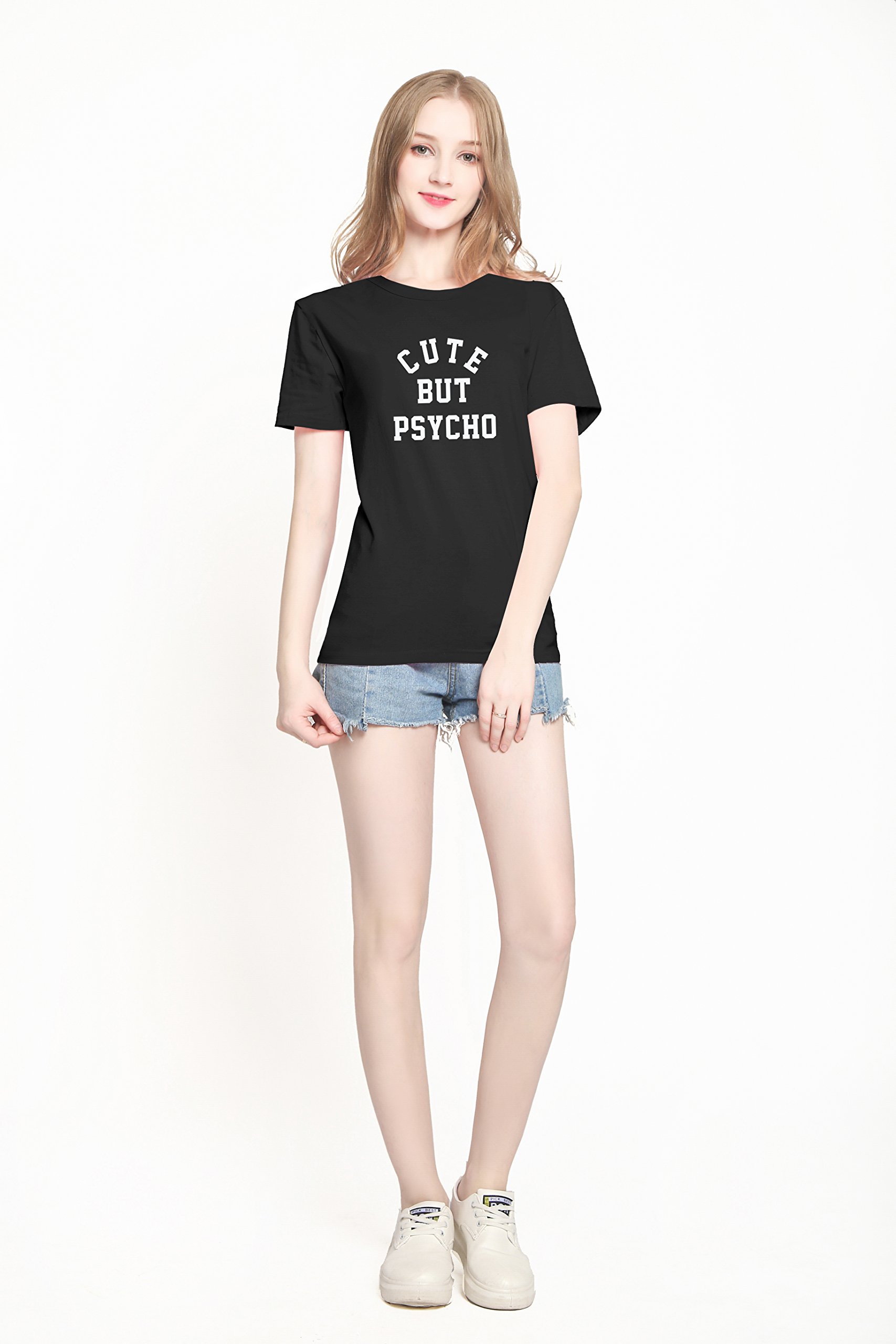 PINJIA Womens Cute Letter Printed Graphic Funny Tshirts Top Tees(MX15)(XXL,Black Cute But Psycho)