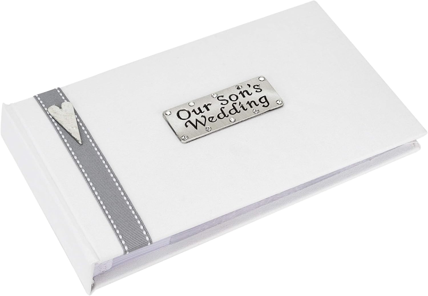 Our Son's Wedding photo album with Grey ribbon detail and a double metal design, Gift, White,grey, Medium