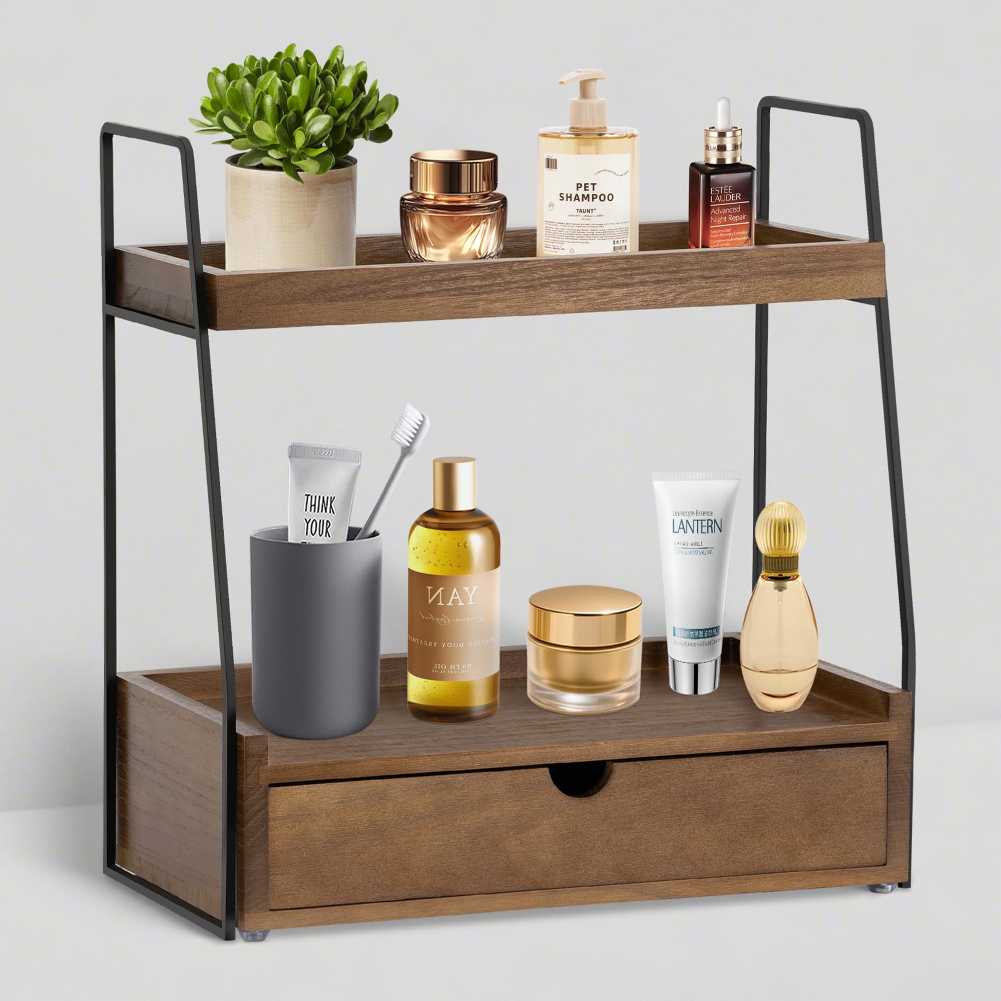 Photo 1 of 2-Tier Bathroom Organizer Countertop with Drawer, Wood Counter Organizer for Bathroom Decor, Sink Shelf for Vanity Storage, Makeup Tray for Perfume Skincare Bedroom Kitchen Corner