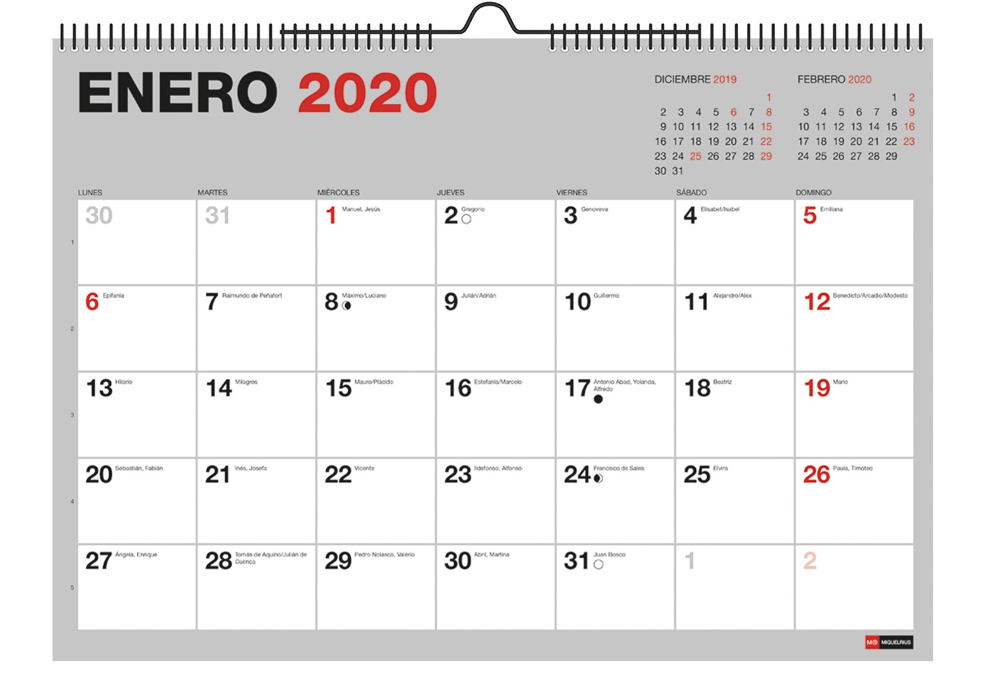 Miquelrius 28033 – Wall Calendar A3 for Writing Grey 2020 Basic Spanish
