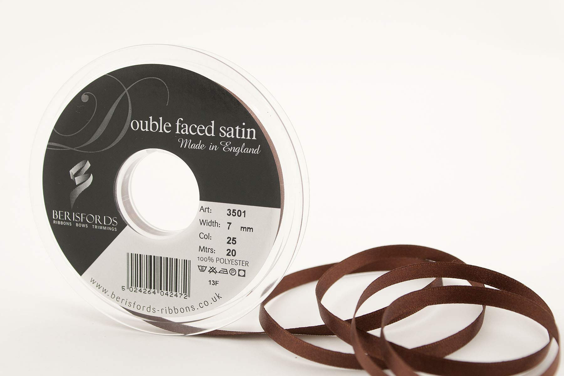 Berisfords 3501 Double Satin Ribbon, Dark Brown, 7 mm — image 1