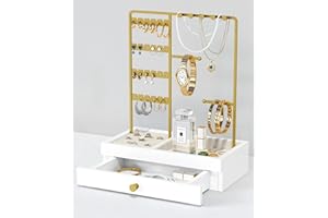 Goozii Gold Jewelry Stand Organizer Necklace Holder, Birthday Gifts for Women Girls, Small Jewelry Stand for Earrings Rings Bracelets, Velvet Jewelry Hanger Tree, Mothers Day Gifts - White and Gold