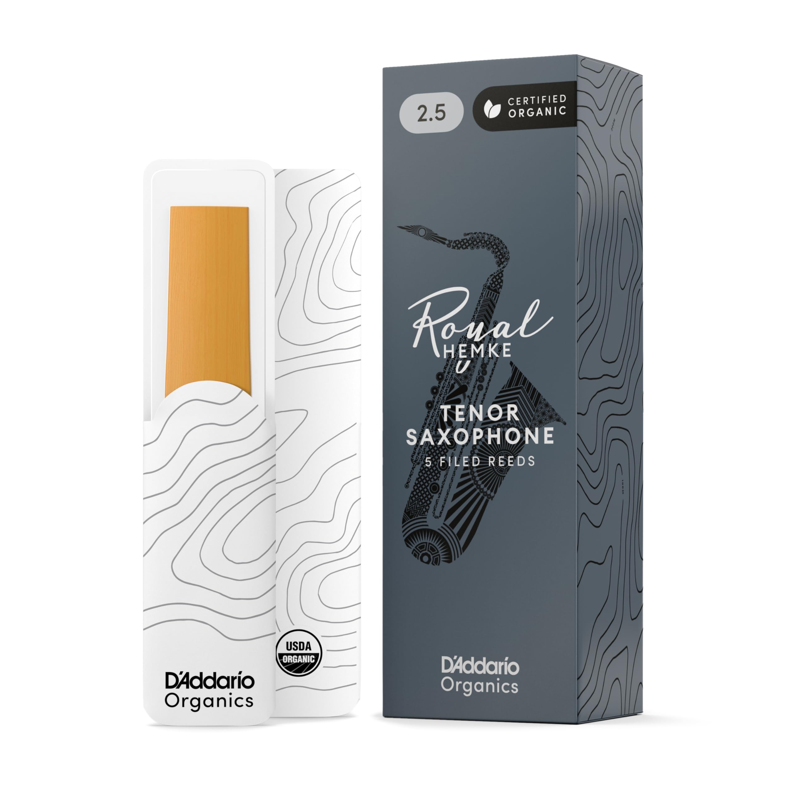 D'Addario Organic Royal Hemke Tenor Saxophone Reeds, Strength 2.5, 5-pack