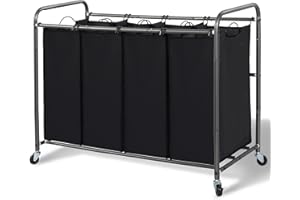 STORAGEIDEAS Laundry Sorter Hamper with Wheels, Heavy-Duty Laundry Sorter Rolling Cart, Lockable Wheels and Removable Bags, 4 Sections, Black