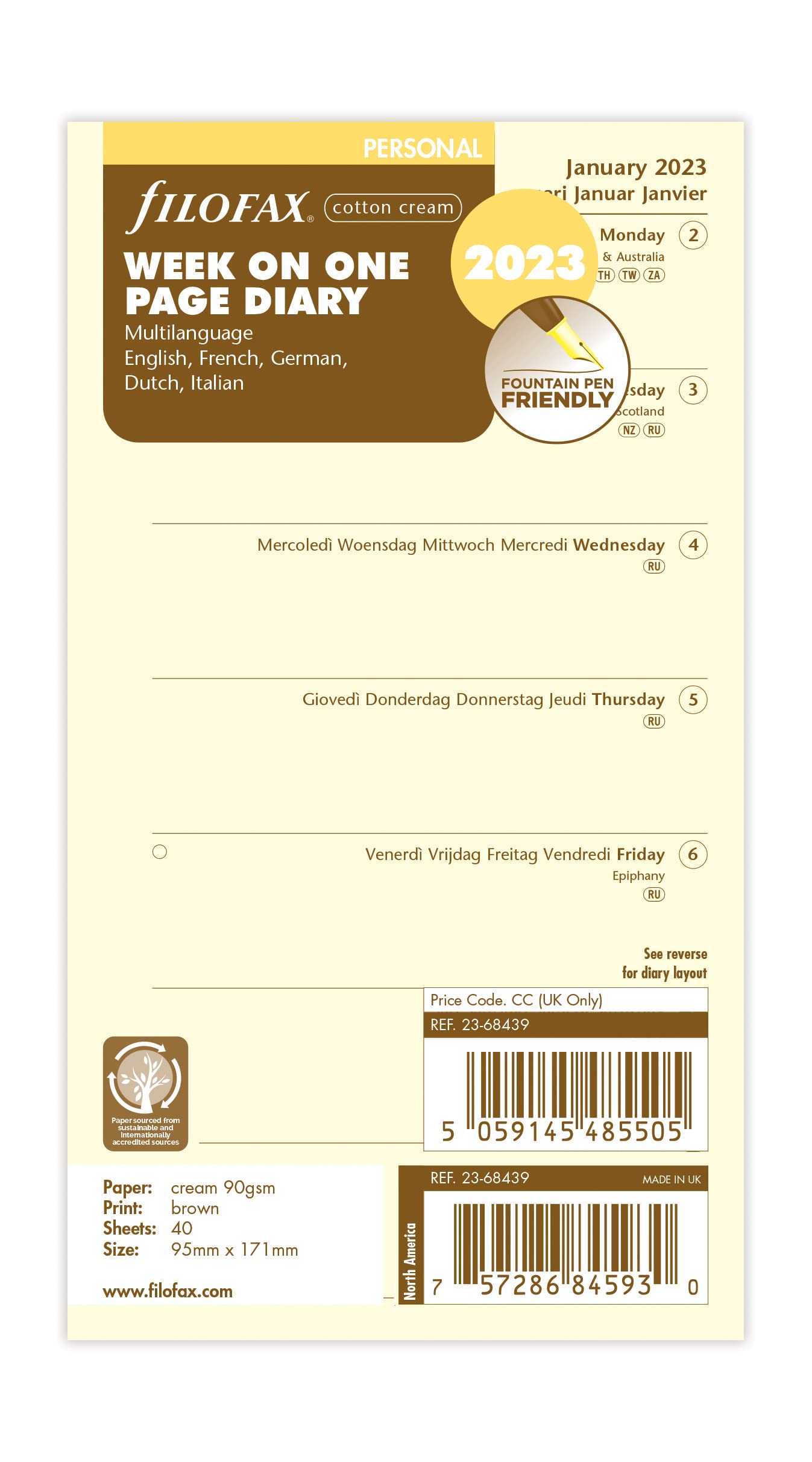 Filofax Personal week per page 5 language cotton cream 2023 diary