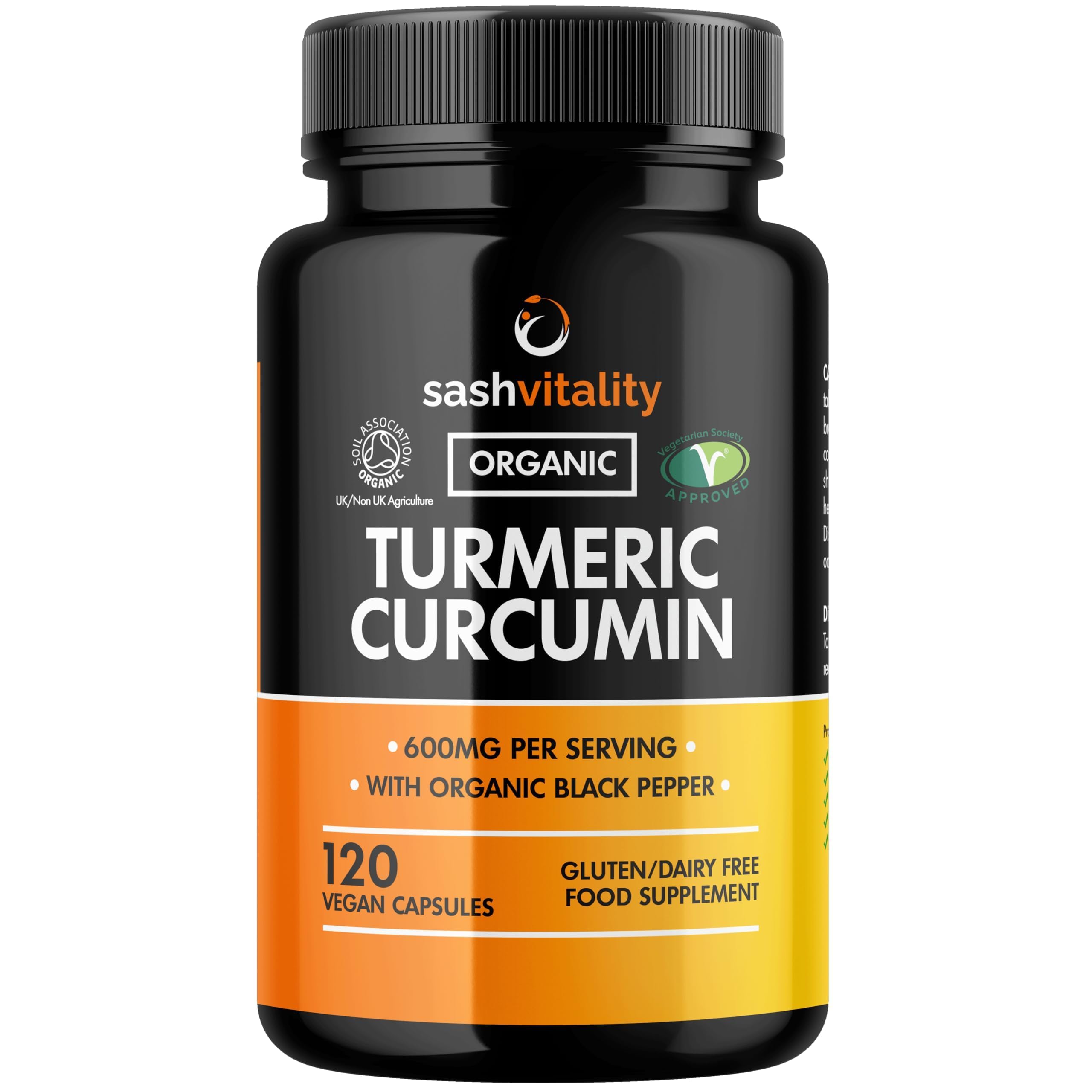 Organic Turmeric Curcumin 600mg Serving with Organic Black Pepper | 120 Vegan Capsules | High Potency Antioxidant & Absorption | Certified Organic Supplement – UK Made Sash Vitality