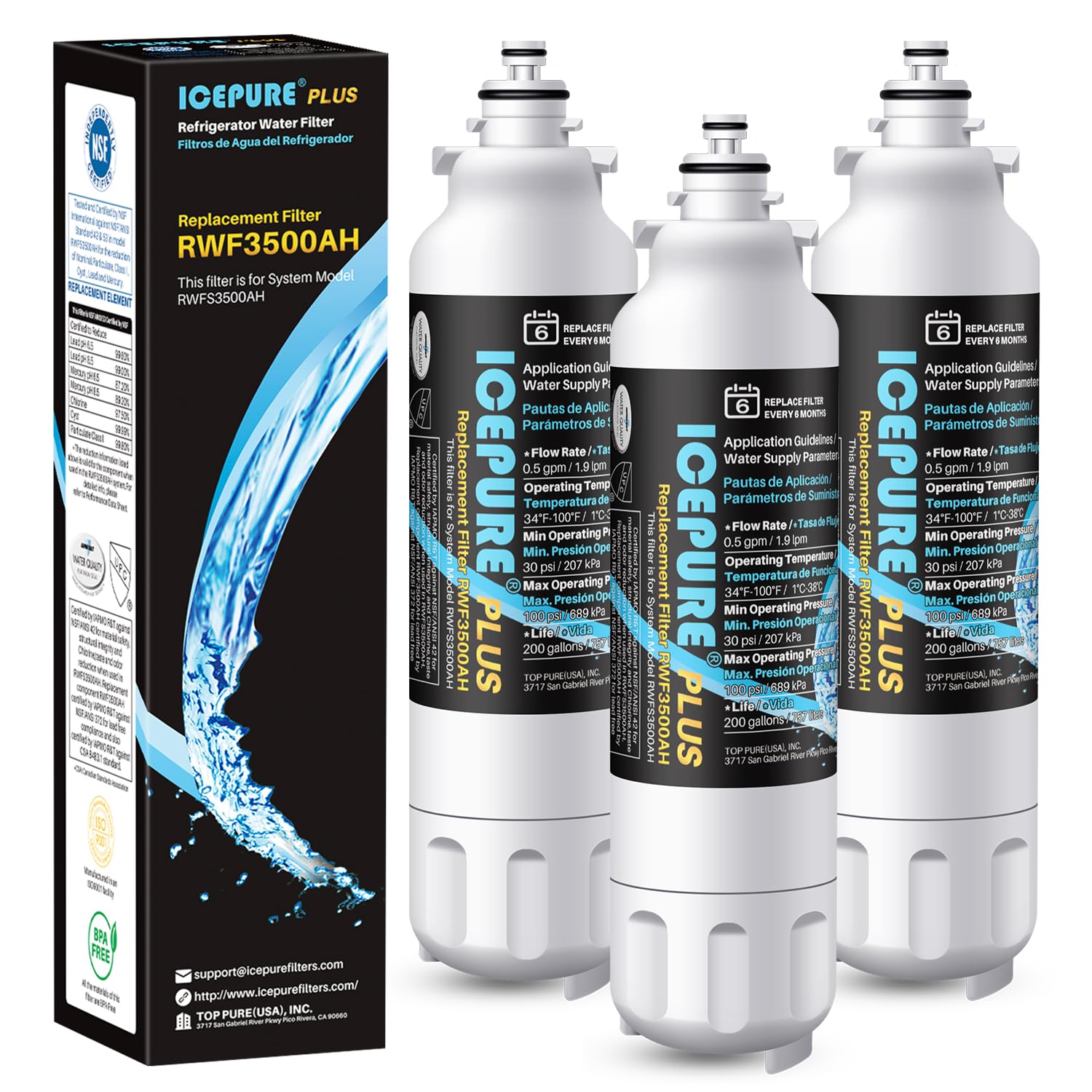 Photo 1 of ICEPURE PLUS 46-9490 NSF/ANSI 53 NSF/ANSI 42 Certified Compatible with LG LT800P, ADQ73613401, ADQ73613408, ADQ75795104, LMXS30776S, LSXS26366D, Kenmore 9490 Refrigerator Water Filter, 3PACK