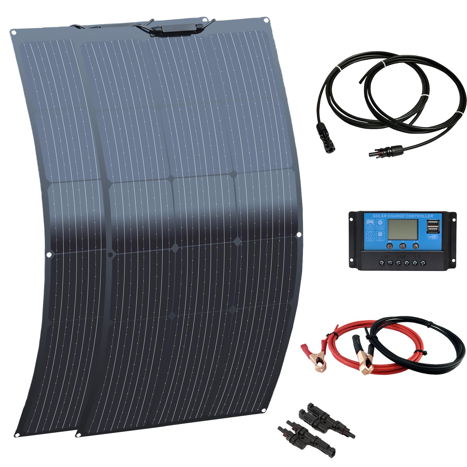 XINPUGUANG 200W 12 Volts Solar Panel Kit 2pcs 100w 18v Flexible Photovoltaic Monocrystalline Module 20A 12v/ 24V Charge Controller for Motorhome, Car, Boat, Caravan, 12v Battery Power Charger (Black)