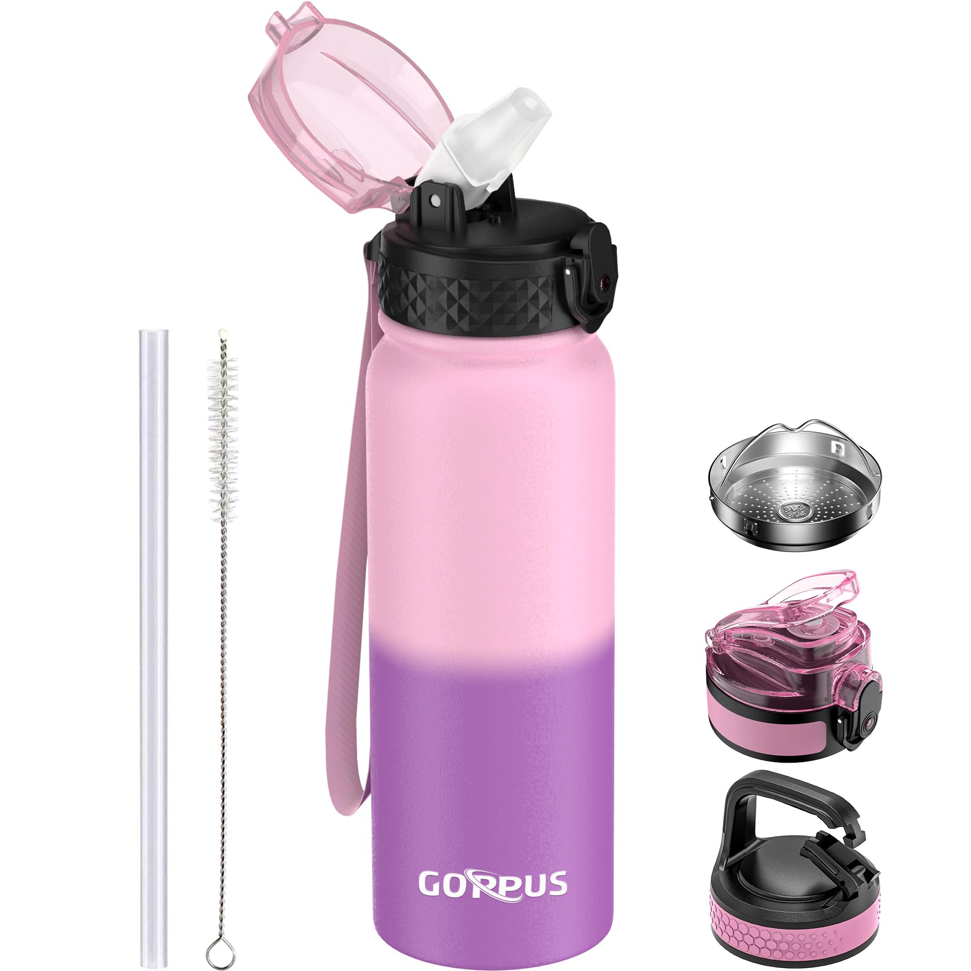 GOPPUS 600ml/20oz Stainless Water Bottle with Straw Double Wall Insulated Bottles with Strap One Hand Open Vacuum Thermal Flask Leakproof Keep Cold Bottles with Flip Top Lid BPA Free (Pink Purple) — image 1