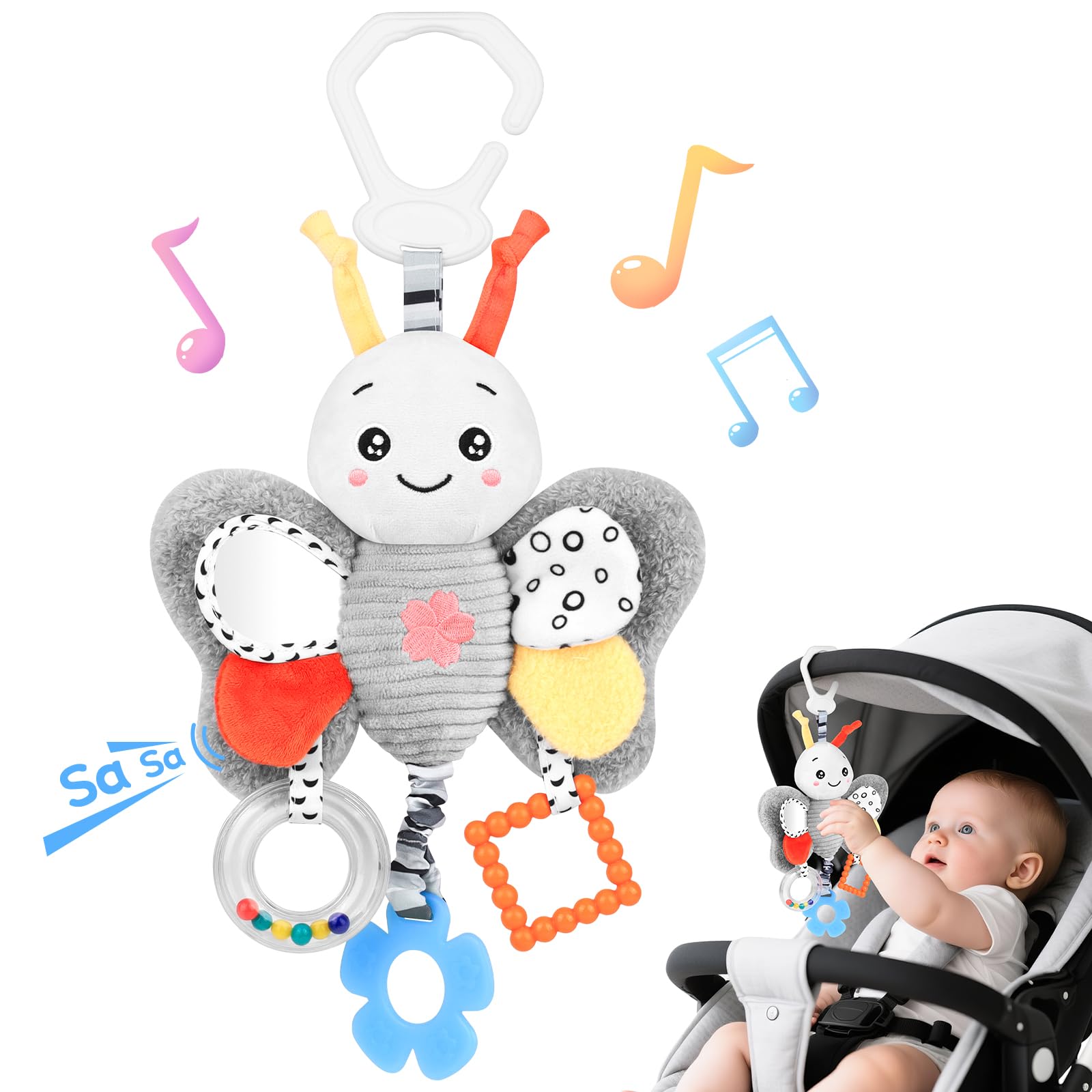 Baby Toys 0-6 Months,Newborn Essential Hanging Pram Toys for Babies 0-6 Months Infant Sensory Pushchair Car seat Toys for Baby Girls and Boys Travel Gift（Butterfly）