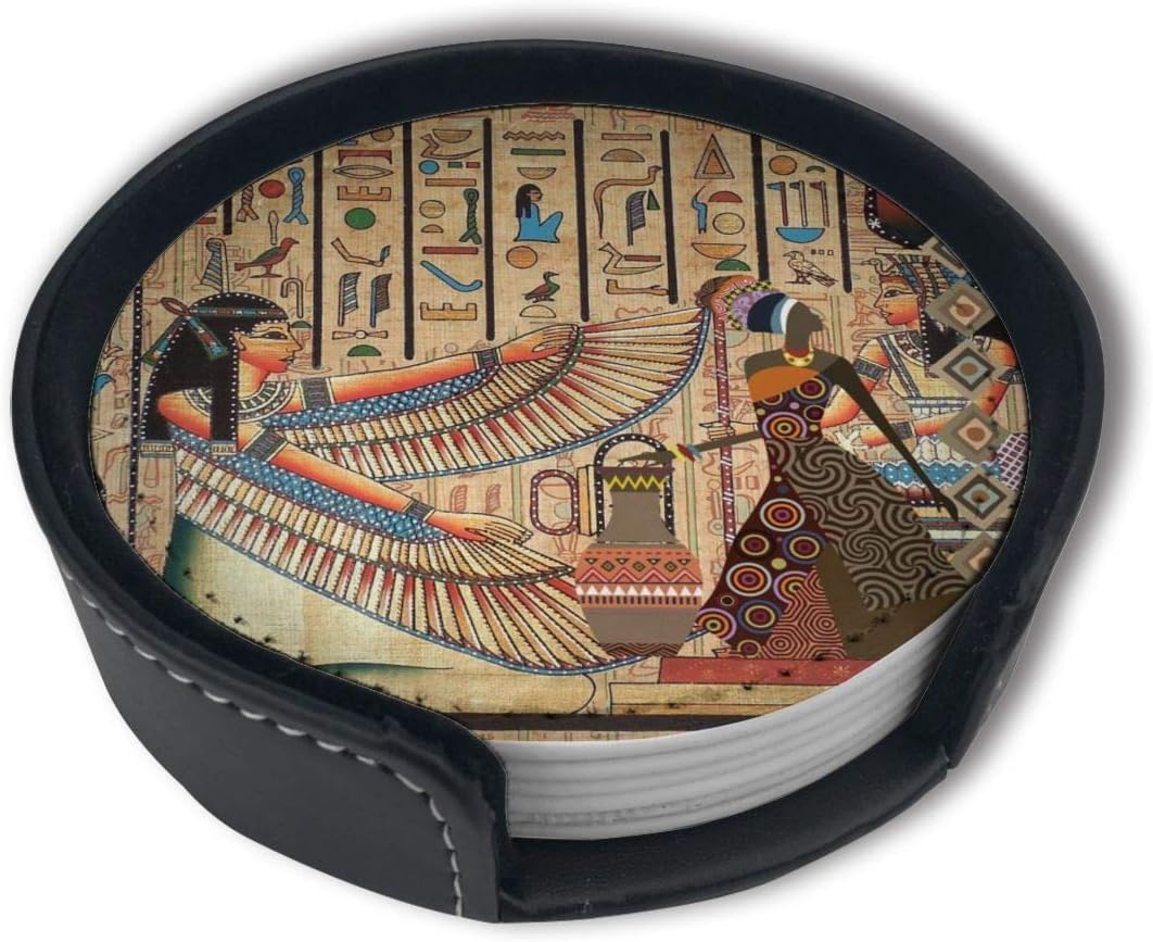 LKJDAD Ancient Egyptian Painting Premium PU Leather Coasters, Drink Round Coasters with Holder Sets, Suitable for Home and Kitchen(6PCS)