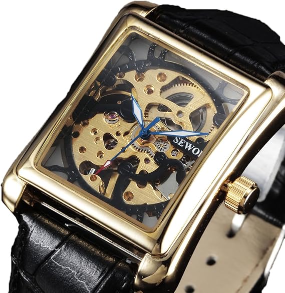 Amazon Seworメンズスケルトン機械式時計のビジネス高級ブランドpuレザーファッションスクエアウォッチブラック メンズ腕時計 腕時計 通販
