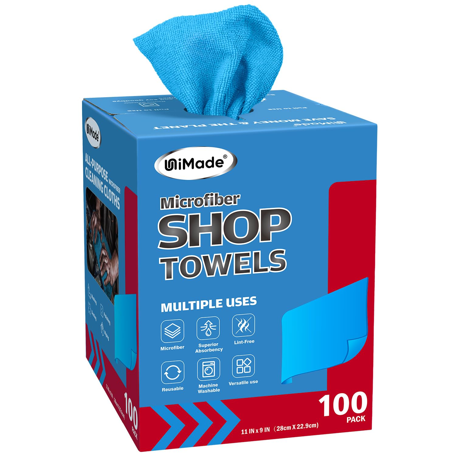 Photo 1 of UNIMADE Shop Towels, 100 Sheets Microfiber Cleaning Cloth Commercial Grade Washcloths Lint-Free Bulk Shops Rags for Cars Mechanic Restaurant Garage Housekeeping, 11"x 9", Blue