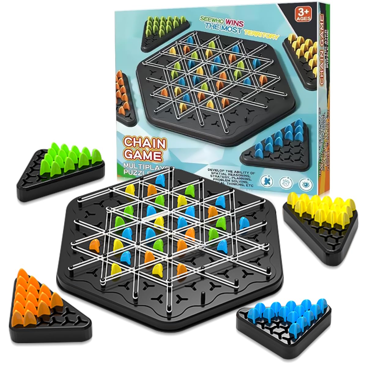 Chain Triangle Chess Game, Triggle Rubber Band Game, Strategy Board Games, Family Night Games for Kids and Adults, 2 to 4 Players