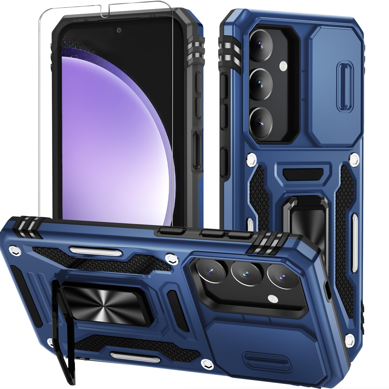 Photo 1 of WRJ for Samsung Galaxy S25 Plus/S24 Plus Case with Slide Camera Cover and Screen Protector, Military Grade Protection [Rotated Kickstand] Heavy Duty Shockproof Protective Cover-Navy Blue