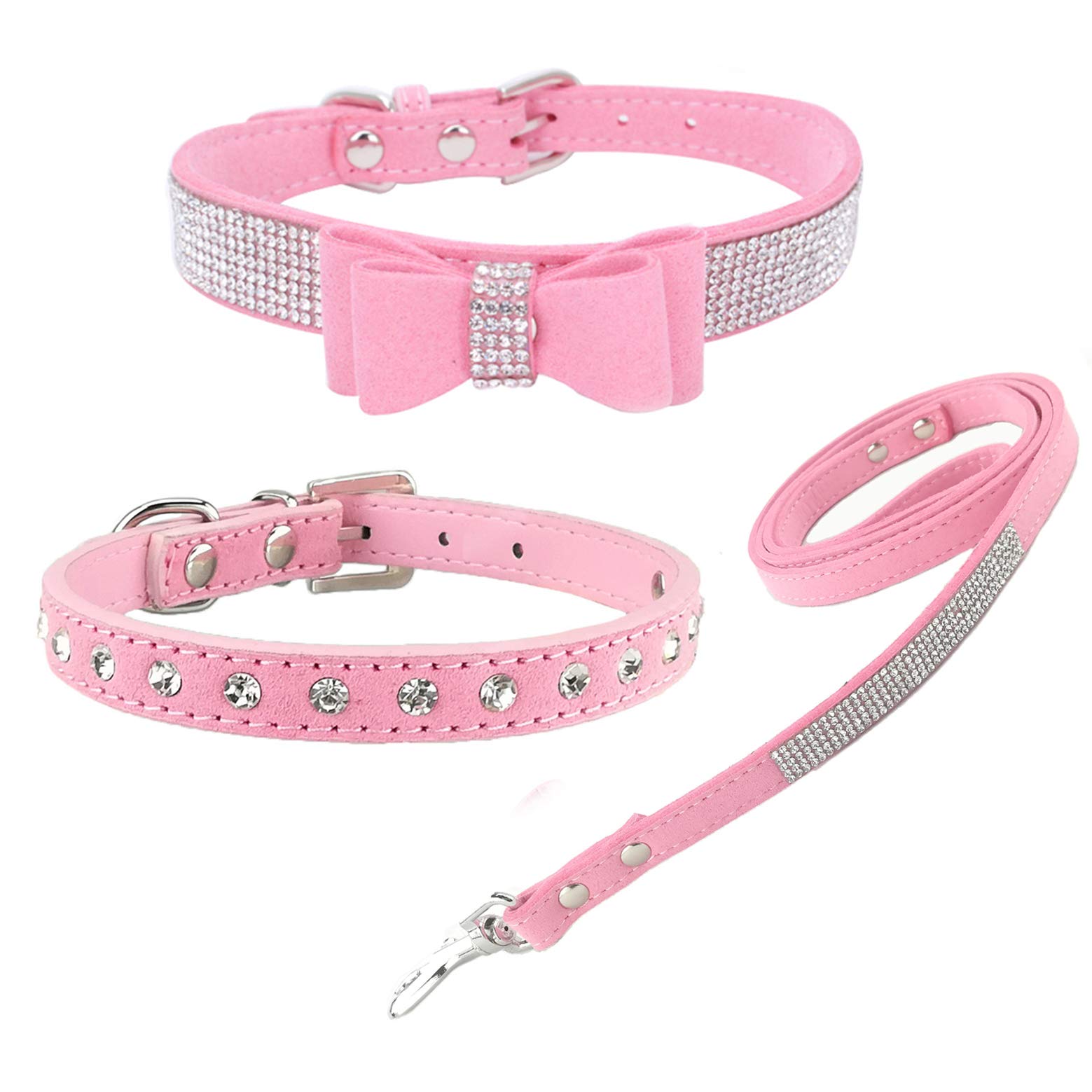 Newtensina 3pcs Stylish Dog Collar and Leash Set Cute Soft Suede Bling Dog Collar with Bow Tie Puppy Collar and Leash for Small Dogs Cats - Pink - XS
