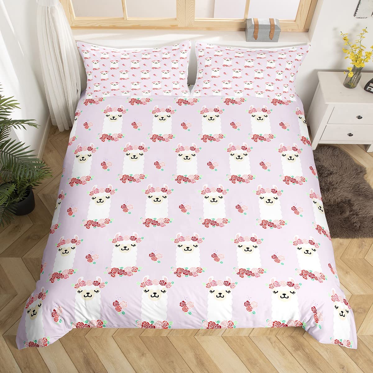 Loussiesd Floral Llama Alpaca Comforter Cover Set Cute Llama Alpaca Duvet Cover for Kids Girls Kawaii Animal Bedding Set Botanical Bedspread Cover Duvet Cover Single Size