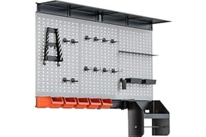 TORACK Pegboard Wall Organizer 4 ft. Garage Metal Utility Tool Storage Kit with Toolboard Hooks Accessories, Wall Mounted Bins, Paper Towel Holder, Overhead Shelf