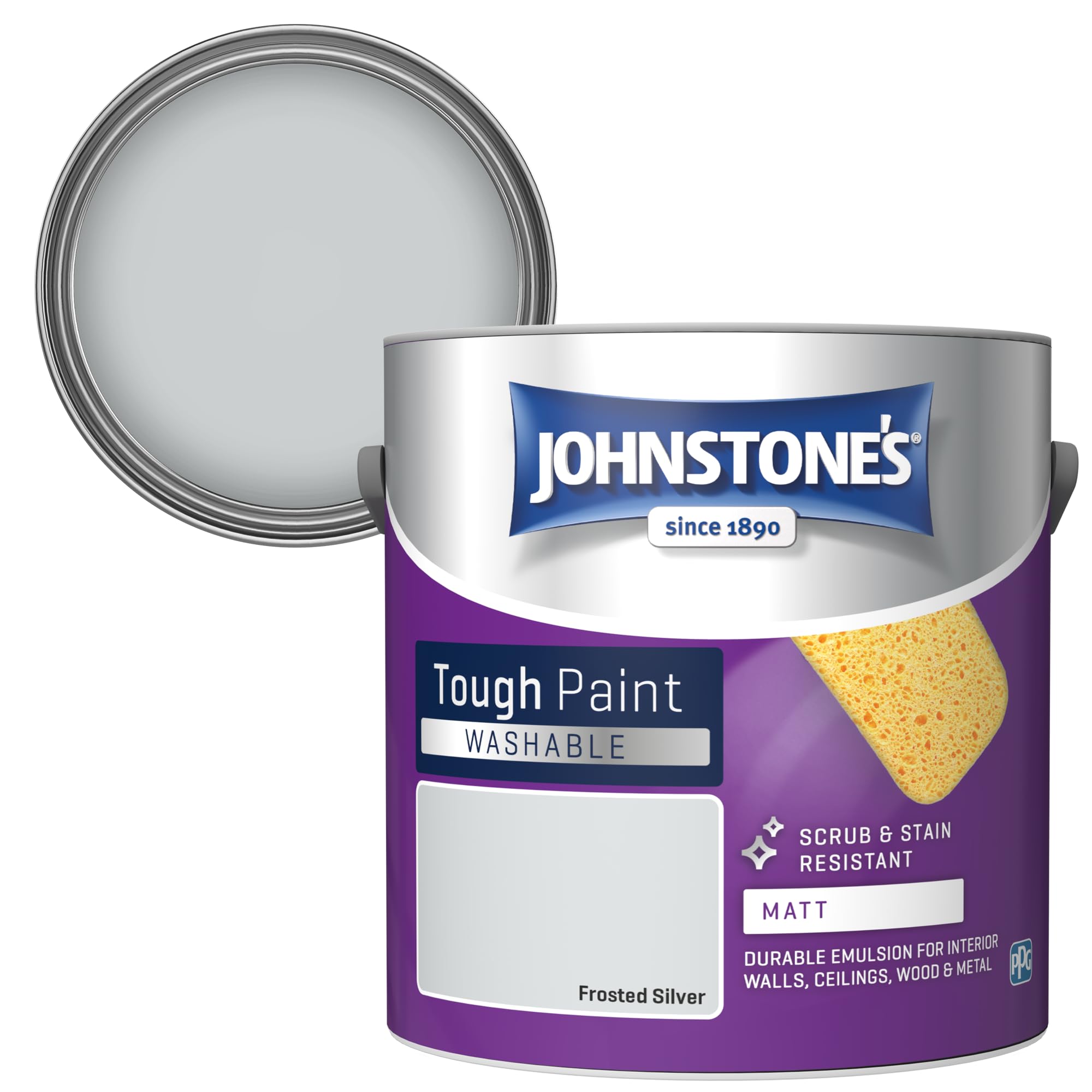 Johnstone's - Washable Paint - Frosted Silver - Matt Finish - Emulsion Paint - Highly Durable - Stain Resistant - Non Toxic & Low Odour - 12m2 Coverage per Litre - 2.5L