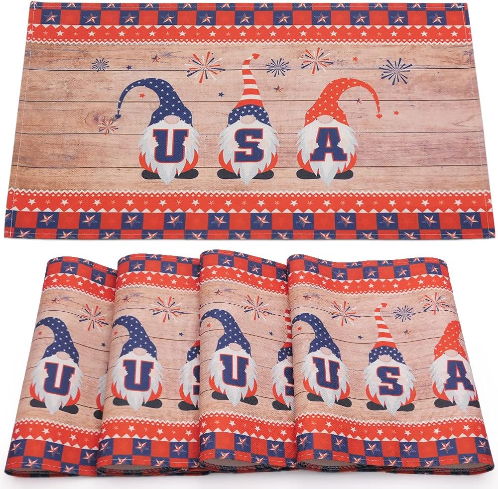 4th of July Cotton Linen Placemats for Dining Table, Washable Heat Resistant Star Patriotic Gnome Table Mats Set of 4, Red Blue White Decorations for Home Kitchen Indoor Independence Day by WEHVKEI: Kitchen & Dining