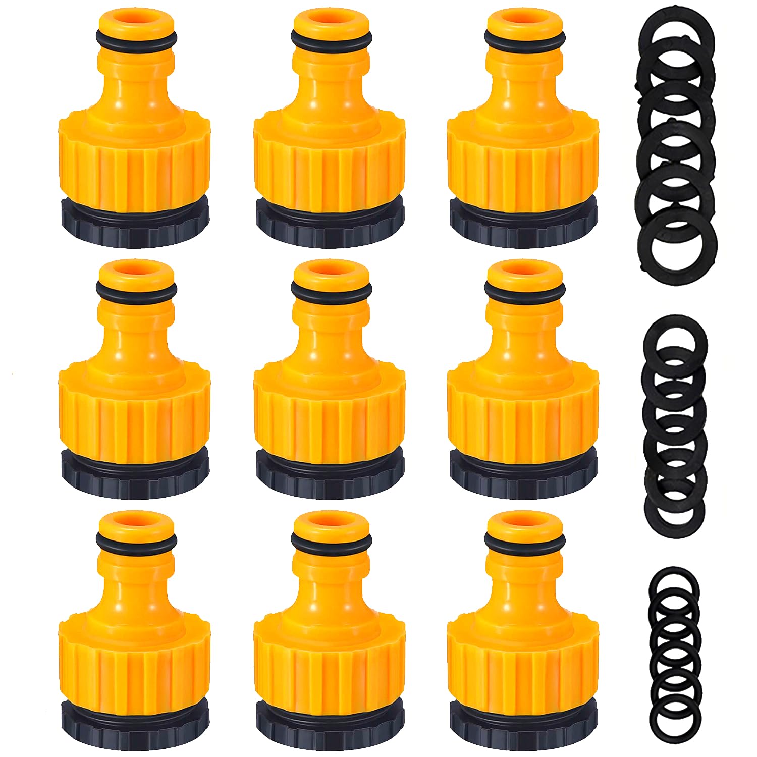 Miyobing 9 Pack Garden Hose Tap Connector - 1/2'' & 3/4'' 2in1 Tap Connector Adapter for Threaded Faucets (Comes with 18pcs Replacing Seals Washers) — image 1