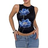 Milumia Women's Floral Mesh Tank Top Y2k Ruched Going Out Tops Beach Vacation Clothes