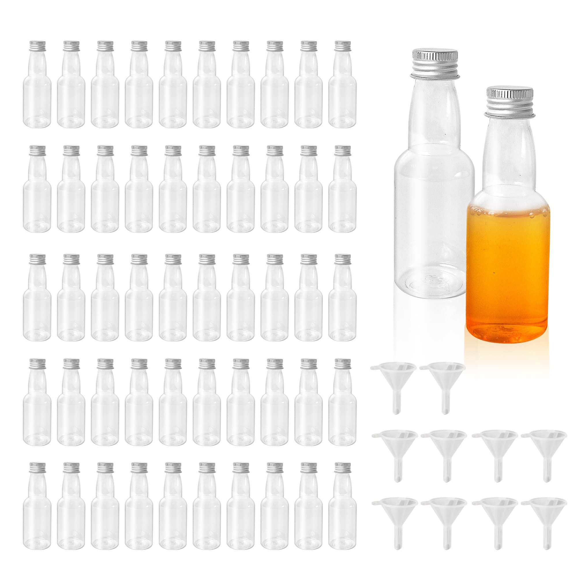 AZKEEGREY 50 Pack Mini Bottles for Liquor, 60ml Plastic Bottles Wedding Favours, Miniature Alcohol Bottle with Screw Cap, Reusable Mini Bottle for Fridge Parties Travel