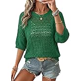 EVALESS Women's Crochet Tops Short Sleeve Hollow Out Knit Sweater Spring Summer Trendy Lightweight Casual Vacation Clothes