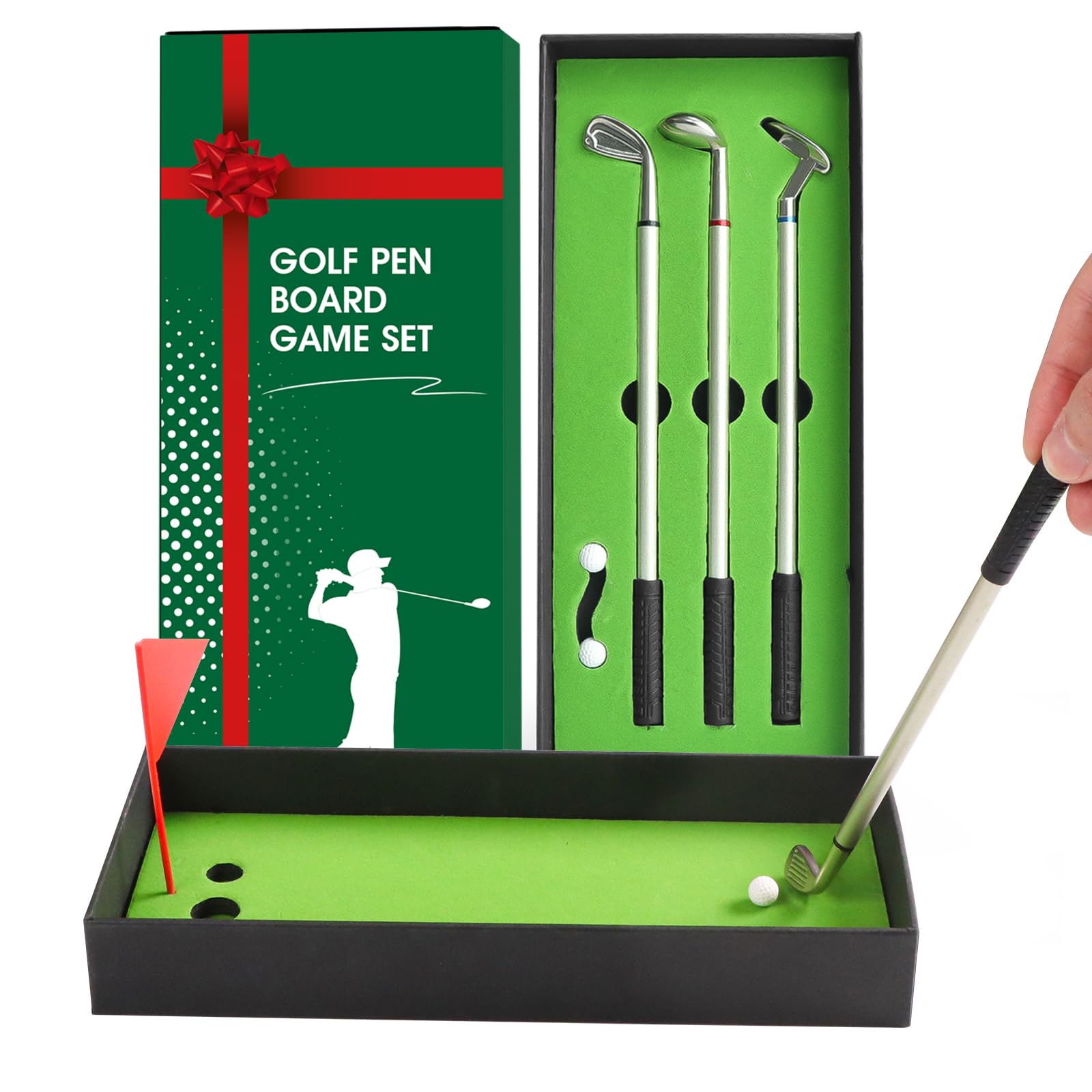FINGER TEN Golf Gifts for Men Ladies Mini Course Pole Club Value Set, 3 Pcs Mini Ballpoint Pen Flag Gift Set Portable for Office Desktop Golfer Fans (1 Set, Green)