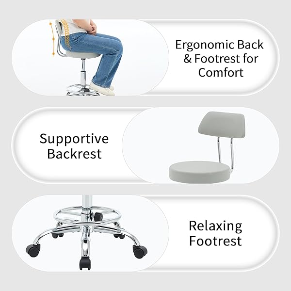 FIRAVOE DRAFTING STOOL (HEIGHT ADJUSTABLE OFFICE CHAIR WITH FOOTREST 19.5″-26.6″)(DRUM STOOL WITH BACK) SPACE SAVING TATTOO CHAIR (GRAY)
