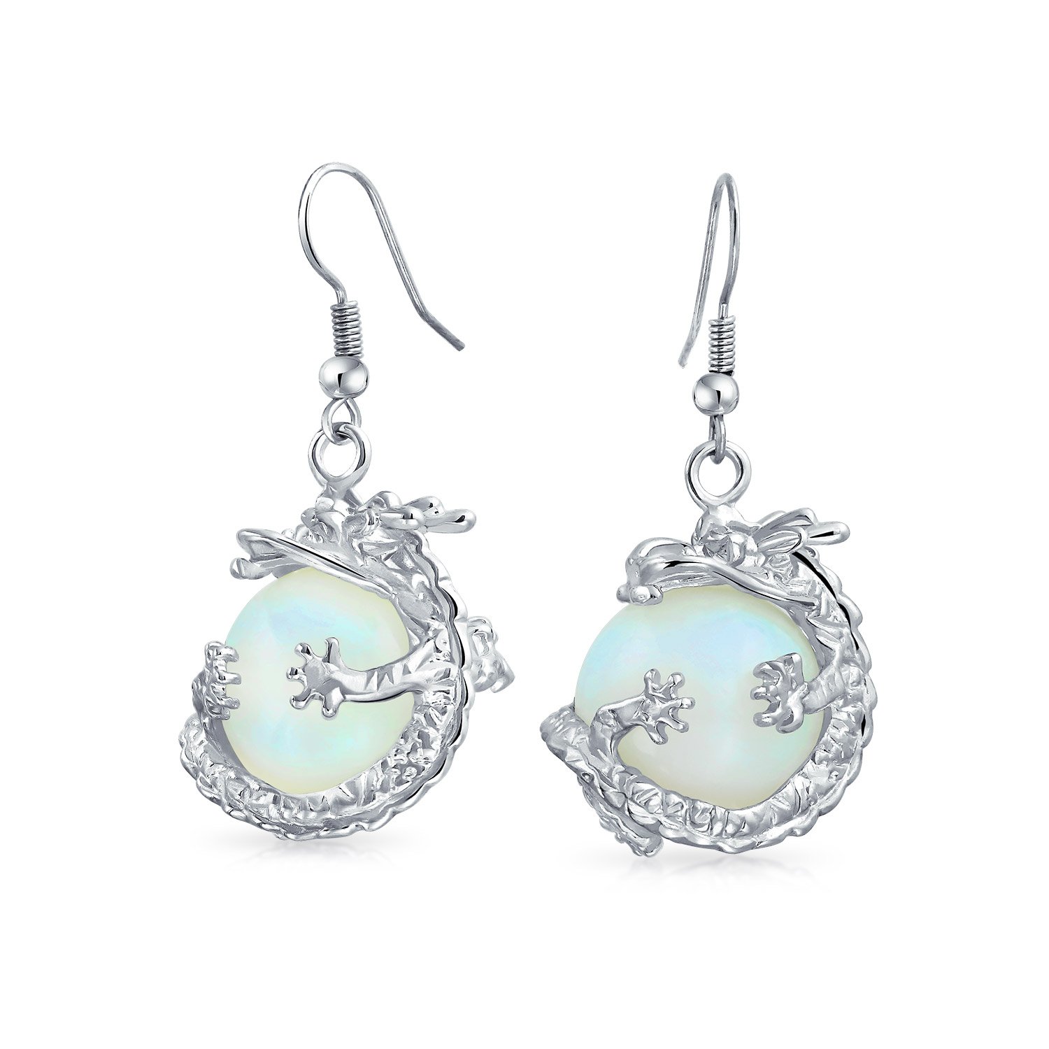 Fashion Statement Rainbow Opalite Translucent Round Ball Dangle Orb Asian Dragon Earrings For Women Teen Silver Plated Fish Hook — image 1
