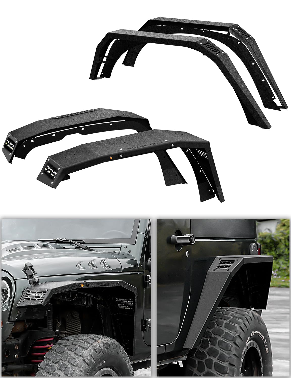 Photo 1 of ** FRONT SET ONLY ** Flat Front & Rear Fender Flares Compatible with 2007-2018 Jeep Wrangler JK 2Doors Off-Road Mud Guards Wheel Flares Liner Set w/LED Lights (4PCS JK Front & Rear Steel Fenders)    
