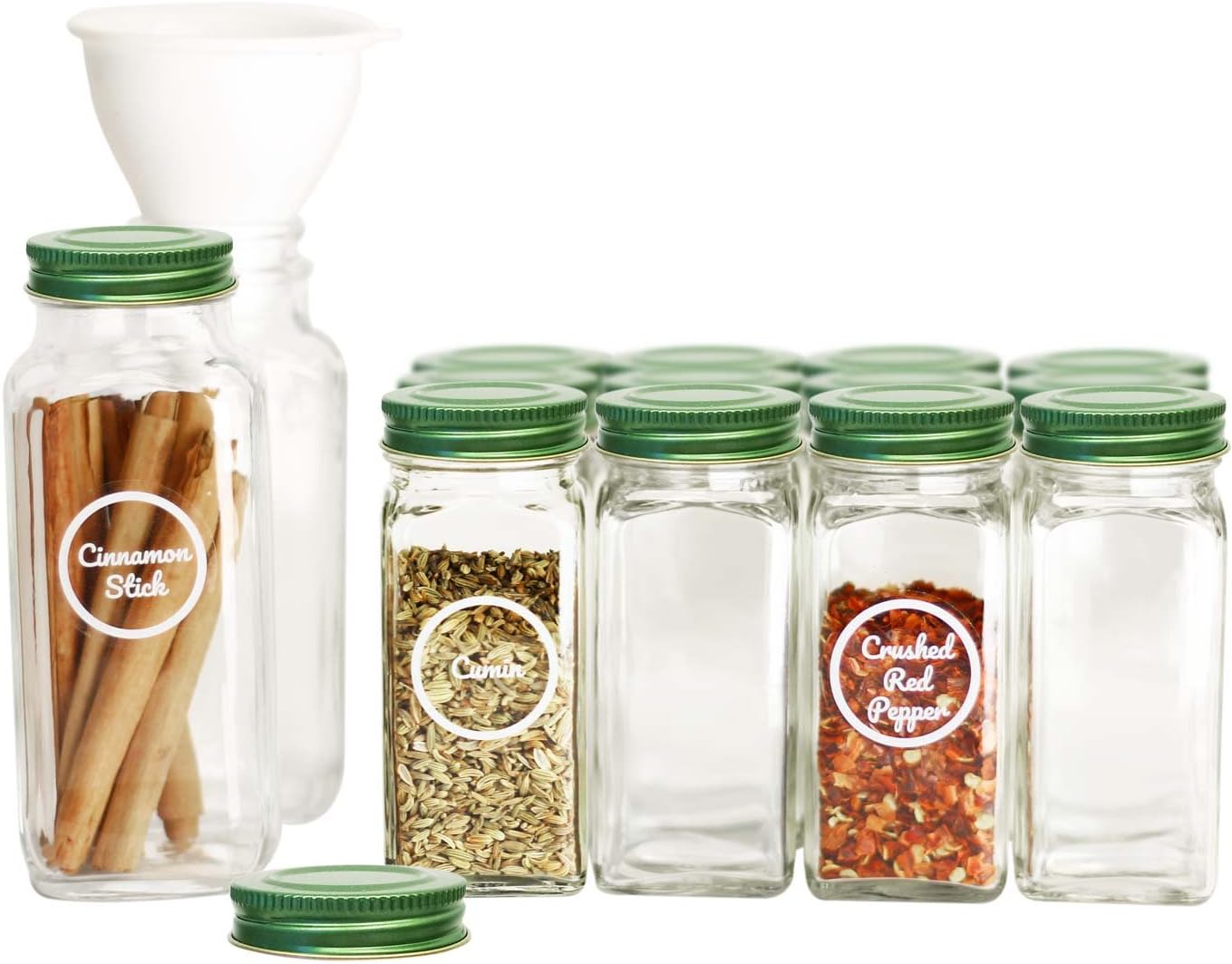 SpiceLuxe Premium Spice Jar Set -14 Empty Square Glass Jars, Green Metal Airtight Lids, 100 Spice Labels, Easy Pour Funnel, and Shaker Tops - Decorative Containers Organize Your Spice Rack or Pantry