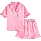 Vopmocld Girls Button Down Satin Pajama Sets 2PCS Ruffle Short Sleeve Top with Shorts Sleepwear Summer Outfit for Teens